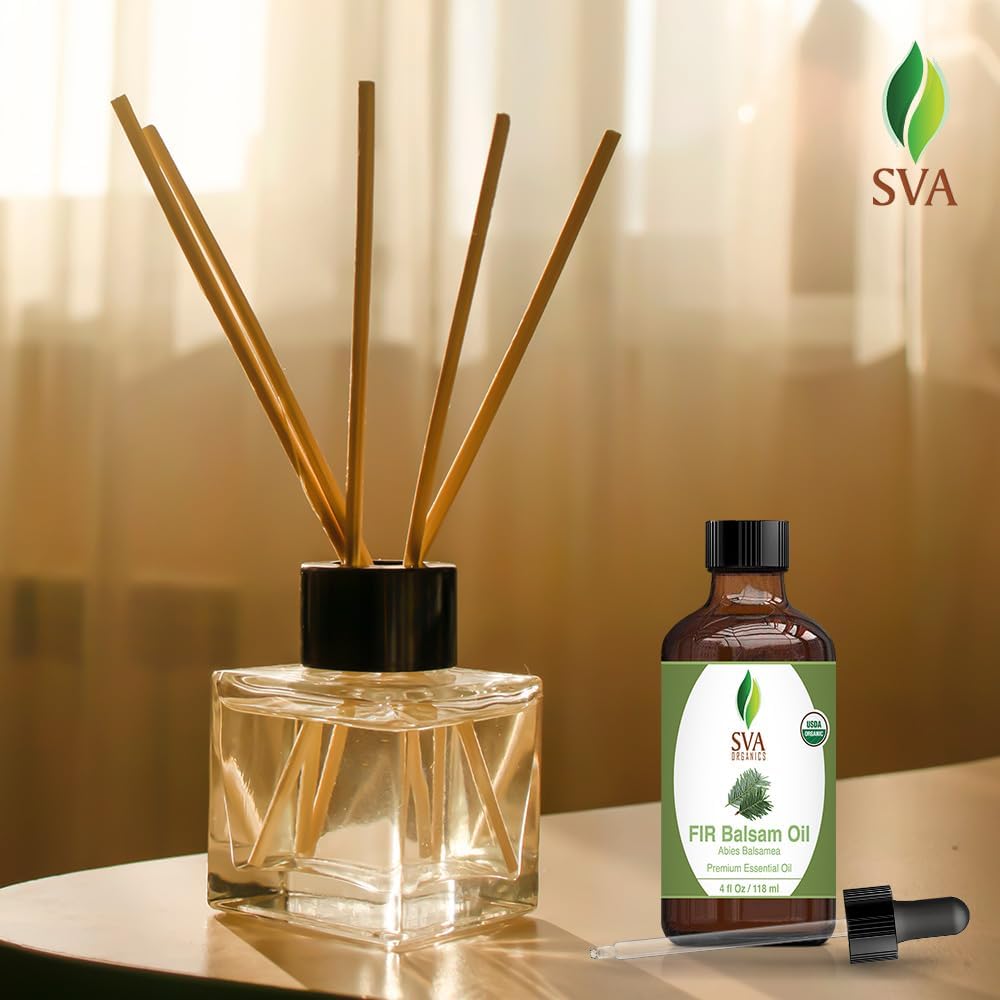 SVA Fir Balsam Essential Oil Organic – 4 Fl Oz – 100% Natural Organic Fir Oil - for Diffuser, Hair Care, Face, Skin Care, Aromatherapy, Scalp and Body Massage, Soap and Candle Making – with Dropper