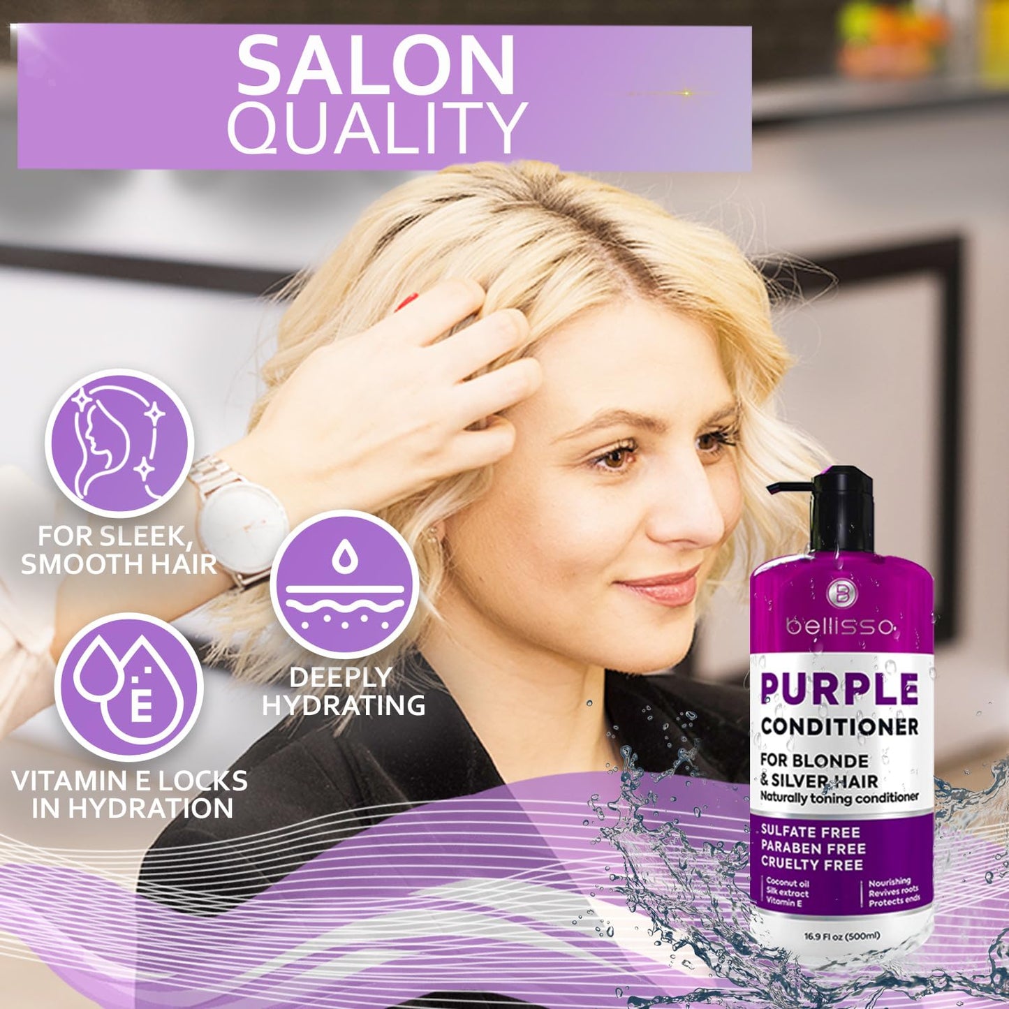 Purple Conditioner for Blonde Hair - Sulfate and Paraben Free Toner - No More Orange and Yellow Brassy Tones - More Balance for Color Treated, Bleached, Silver, White and Gray Hair - Women and Men