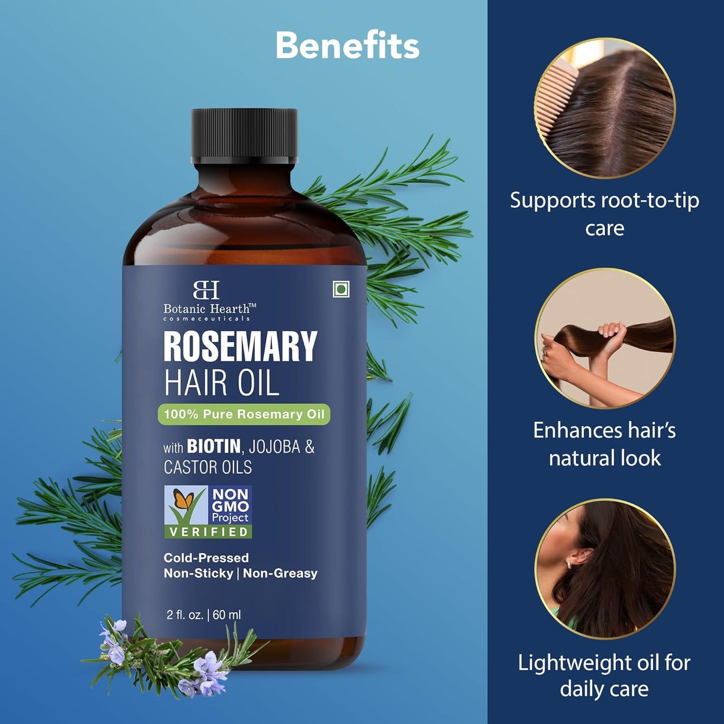 Botanic Hearth 100% Pure Rosemary Oil For Hair (2 Fl Oz) Infused With Biotin, Jojoba & Castor Oil | Hair Oil Repairs Dry Damaged Hair, Strengthening, Healthier Hair- Hair Tonic