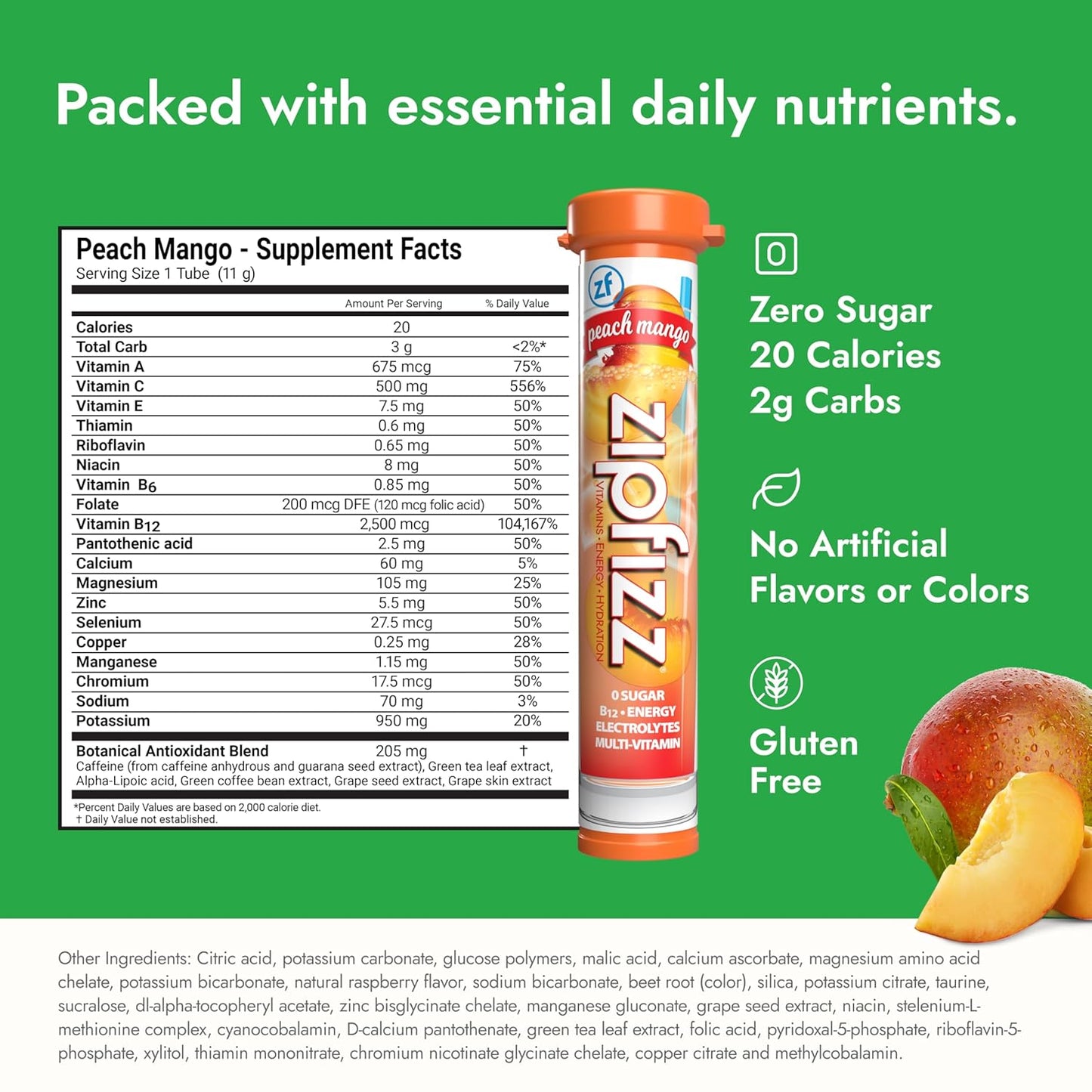 Zipfizz Daily Energy Drink Powder, Peach Mango, 20 Pack | 3-in-1 Sustained Energy, Rapid Hydration, and Essential Vitamins | Sugar-Free | Electrolyte Powder | Contains Vitamin B-12 & Antioxidants