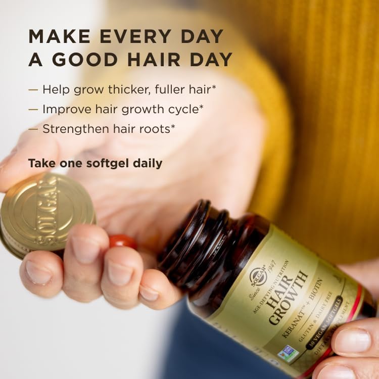 Solgar Hair Growth Supplement for Thicker Fuller Hair with Keranat Oil, Biotin, Zinc and Copper, Hair Health Supplement, Age-Defying Nutrition for Men and Women, 30 Servings
