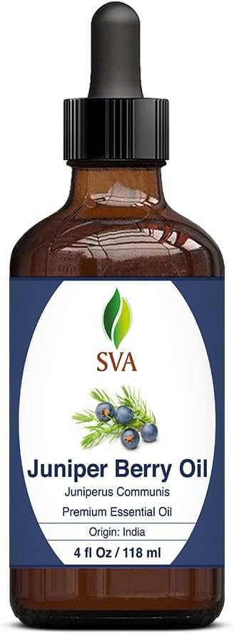 SVA Juniper Berry Essential Oil – 4 Fl Oz – 100% Natural Juniper Oil - for Diffuser, Hair Care, Face, Skin Care, Aromatherapy, Scalp and Body Massage, Soap and Candle Making – with Dropper