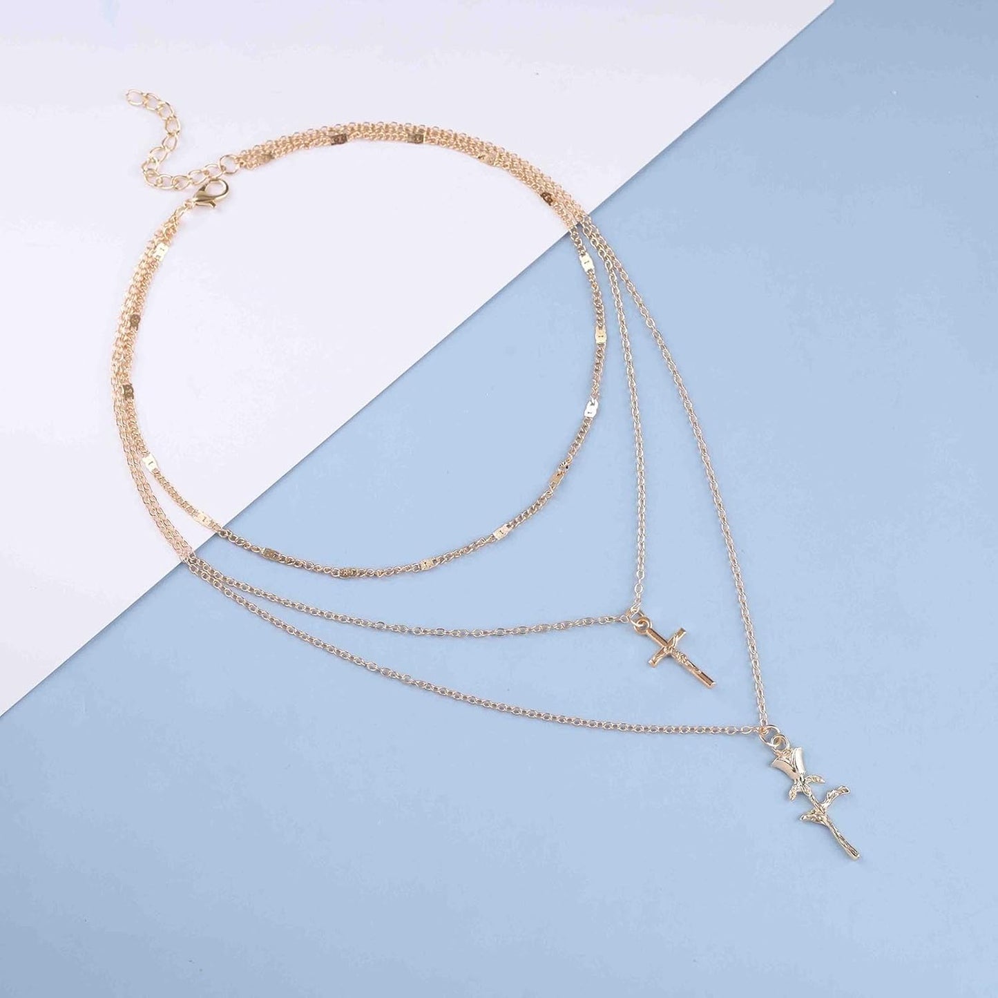 Boho Layered Necklace Choker Vintage Gold Rose Cross Pendant Necklaces Statement Multi Layer Cross Necklace Rose Flower Pendant Necklace Chain Jewelry for Women