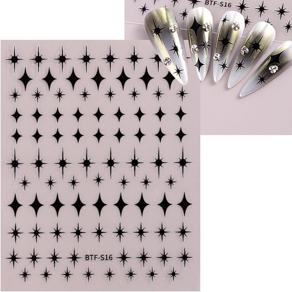 12 Sheets Star Nail Art Stickers 3D Self Adhesive Gold White Black Star Design Nail Art Decal Accessories for Women Acrylic Manicure DIY Decoration