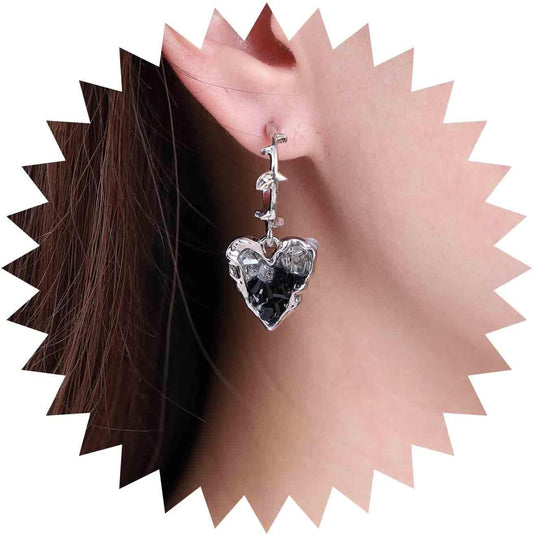 Punk Heart Dangle Earrings Black Onyx Heart Earrings Silver Open Circle Hoop Earrings Gothic Heart Drop Earrings Jewelry for Women