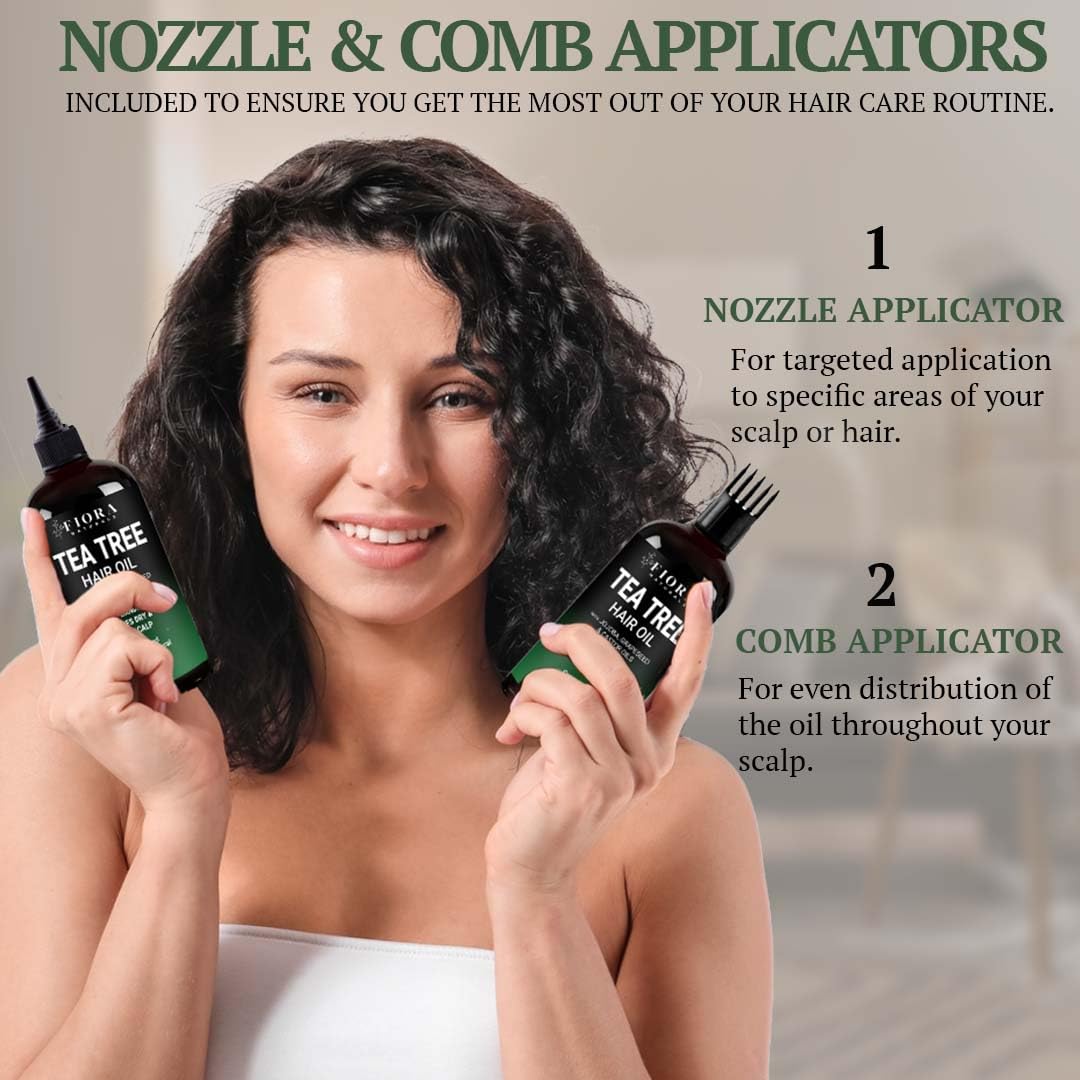 Fiora Naturals Tea Tree Oil for Hair and Scalp - with Jojoba, Grape Seed & Castor Oils - Helps hair growth, Soothes Itchy Scalp & Fights Dandruff - Moisturizes and adds shine - 4 fl oz