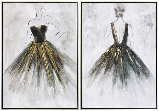 Ballet Lady - Hand Painted Canvas - Muted Color Palette - Silver, Black Frame - Set of 2