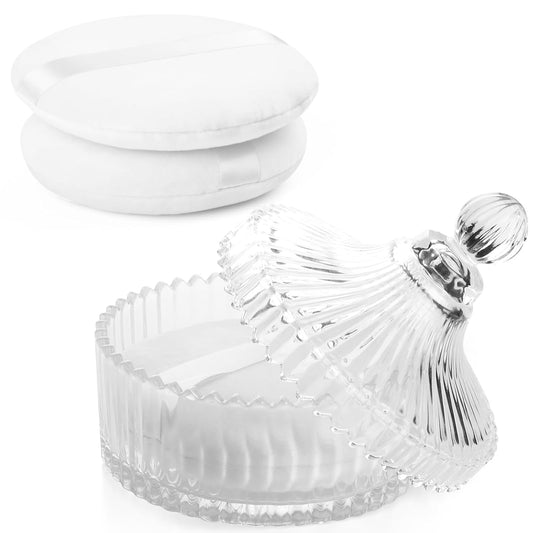 2Pcs Extra Large Body Powder Puff & Luxury 6" Glass Jar Dusting Powder Container with Puff for Women Bath Powder Puffs Perfect for Talcum or Loose Powder (White)