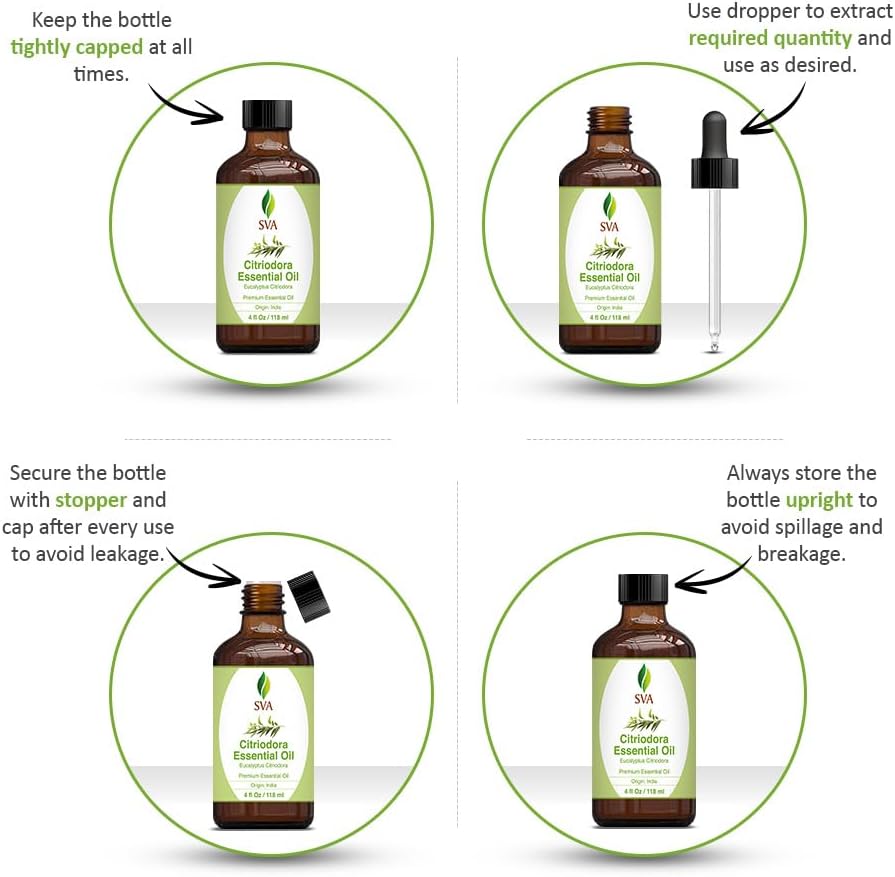 SVA Lemon Eucalyptus Essential Oil – 4 Fl Oz – 100% Natural Citriodora Oil - for Diffuser, Hair Care, Face, Skin Care, Aromatherapy, Scalp and Body Massage, Soap and Candle Making – with Dropper