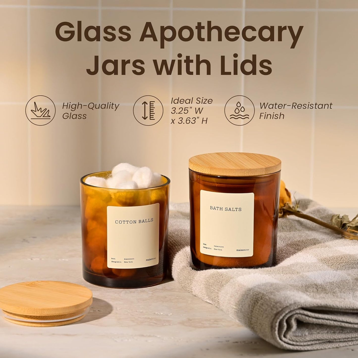 MaisoNovo Qtip Holder Bathroom Set – Airtight Cotton Ball Holder with Lid to Store Cotton Rounds, Swabs, Floss Picks, Hair Ties with free labels pack - 2 Amber Jars with Bamboo Lids