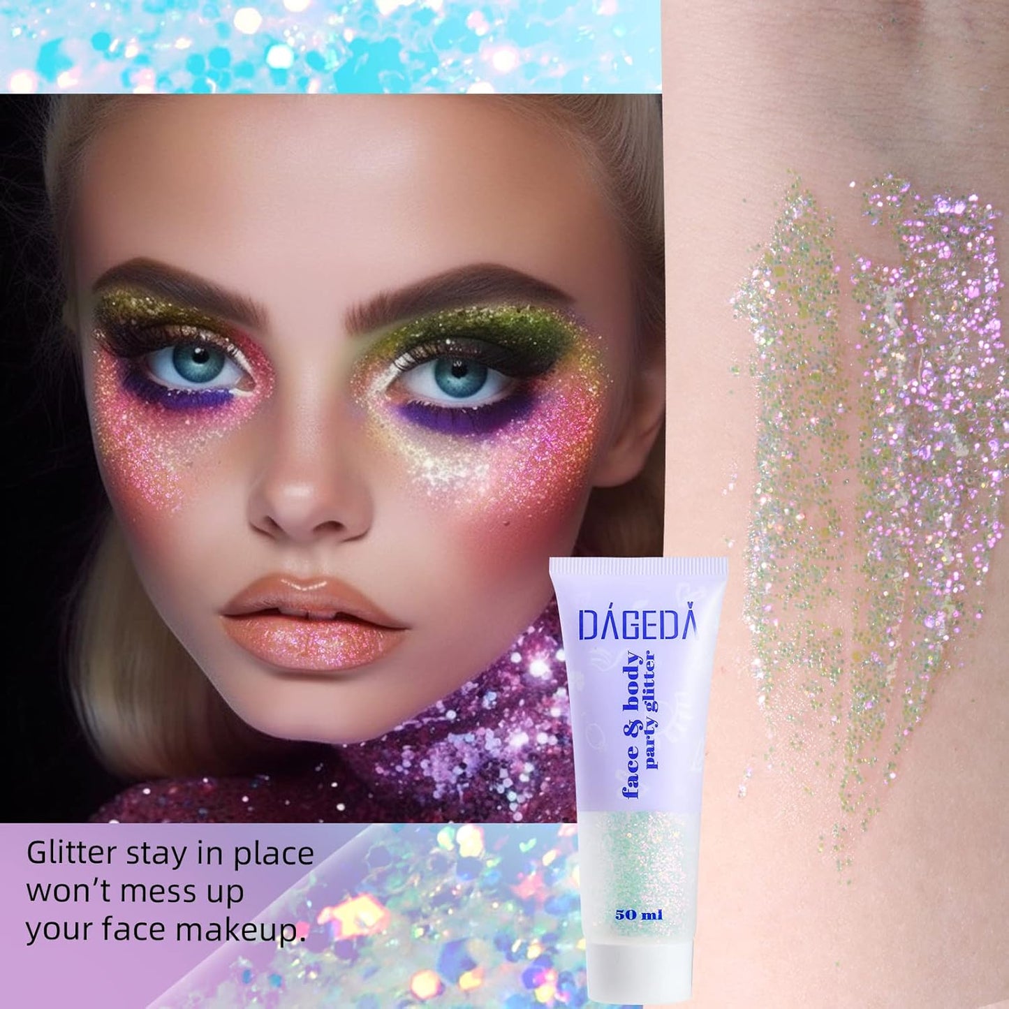 DAGEDA Body Glitter Gel, Holographic Face Glitters Body Gel Shimmer Liquid Eyeshadow, Color Changing Glitter for Face Hair Nails, Glitter Under Light Festival Glitter Makeup 1.7oz (Sparkling Pink)