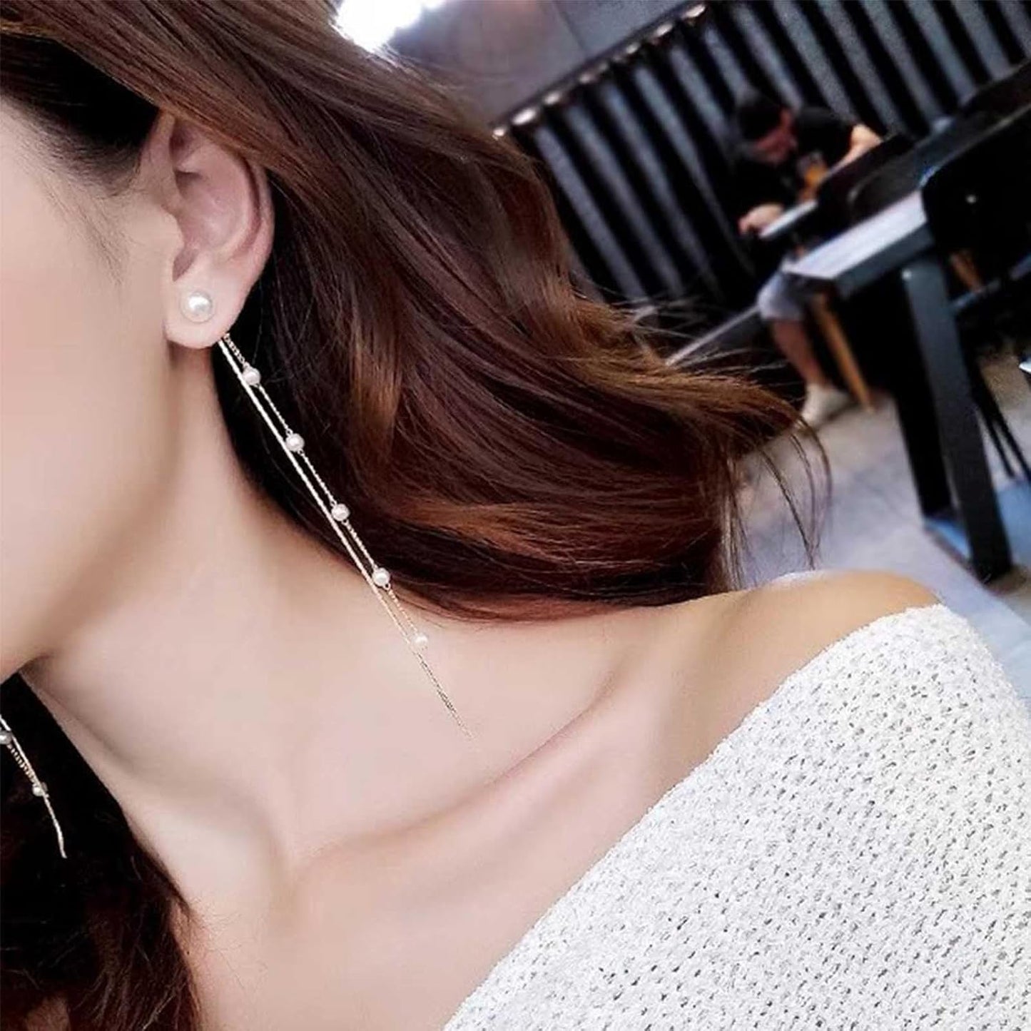 Boho Long Pearl Dangle Drop Earrings Vintage Silver Pearl Chain Dangle Earrings Statement Tassel Pearl Dangle Earrings Wedding Prom Pearl Earrings Jewelry for Women