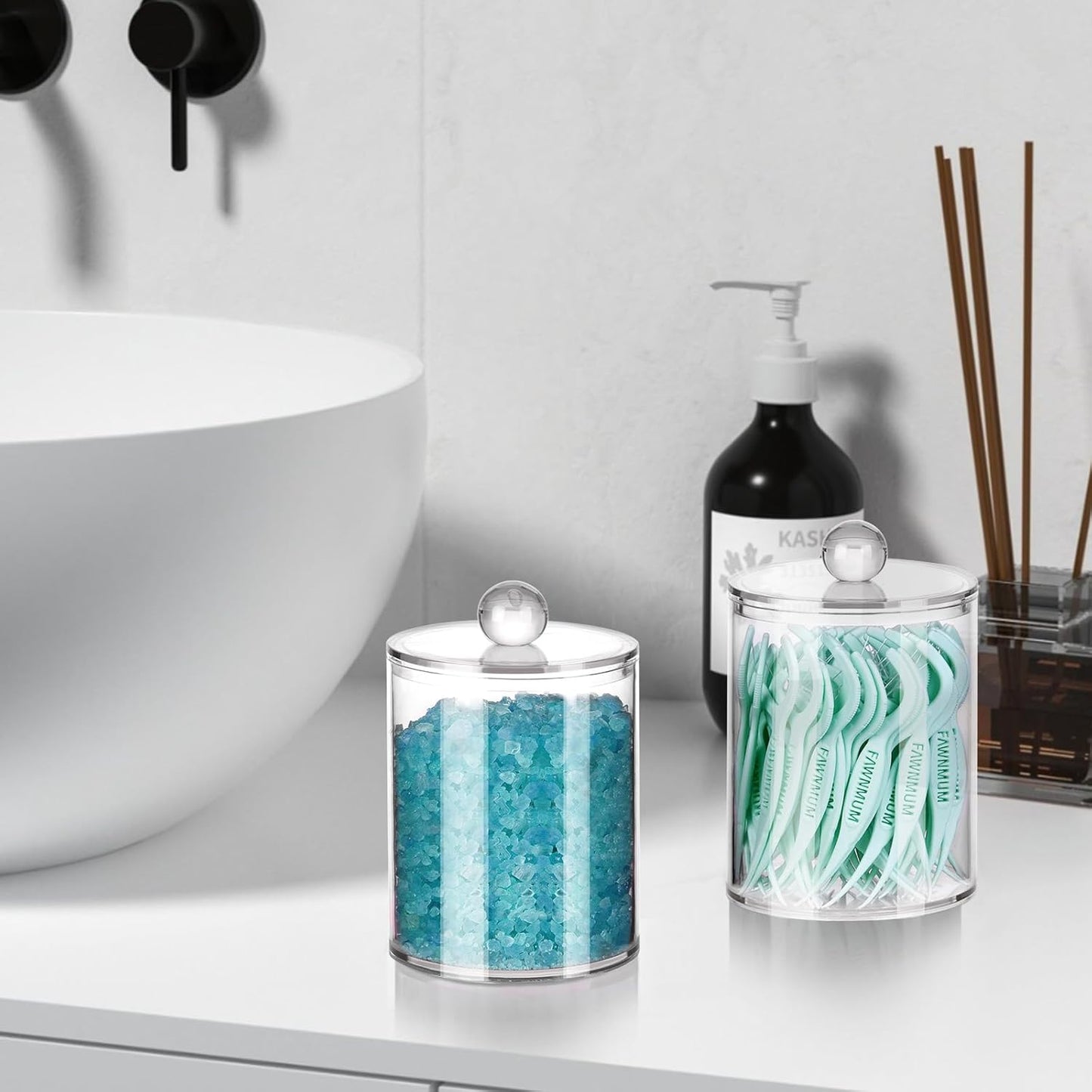 6 Pack Qtip Holder,Canister Apothecary Jar Set, Bathroom Jars with Lids Set for Cotton Swabs, Balls, Pads, Floss Picks,10oz-12oz Plastic Canisters Restroom Bedroom Vanity Organizer(Clear)