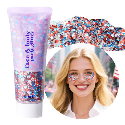 DAGEDA Red White Blue Body Glitter, 4th of July Outfits Accessories for Women, USA Flag Face Glitter Makeup, Fourth of July Patriotic Independence Day Hair Accessories Party Costumes