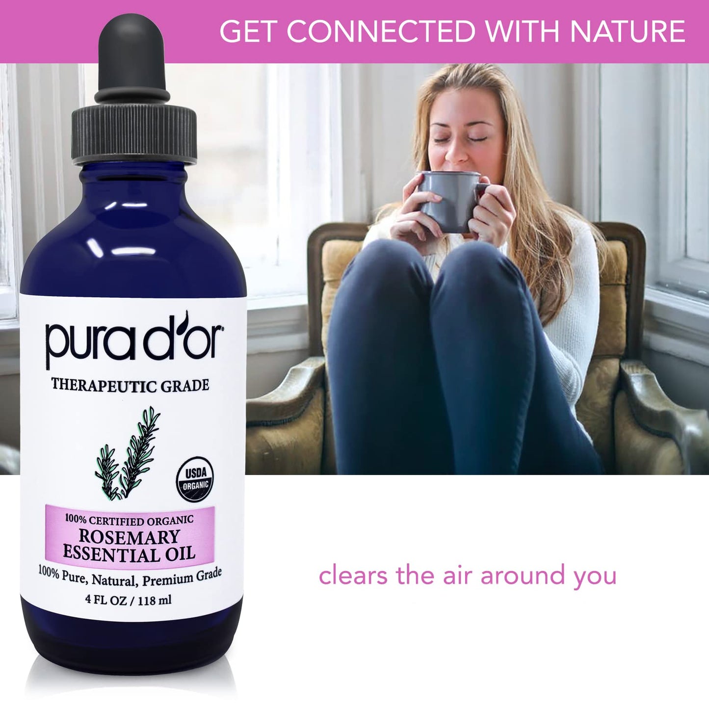 PURA D'OR Organic Rosemary Essential Oil, 4oz, Therapeutic Grade, for Hair, Body, Skin, Aromatherapy, Relaxation, Massage, Mood, Relief, Home, DIY Soap