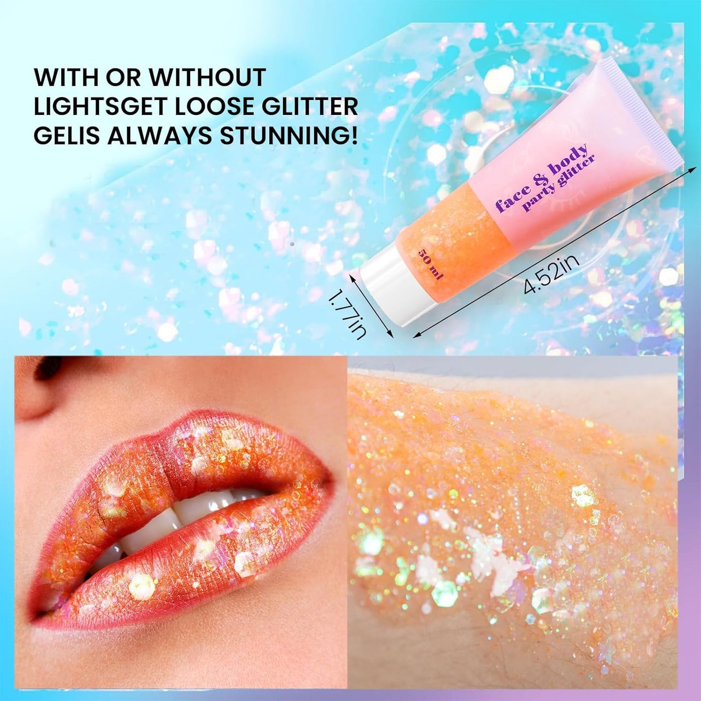 DAGEDA Body Glitter Gel, Face Glitters Body Gel Sequins Shimmer Liquid Eyeshadow, Chunky Glitter for Face Hair Nails, Holographic Cosmetic Laser Powder Festival Glitter Makeup 1.7oz (Coral)