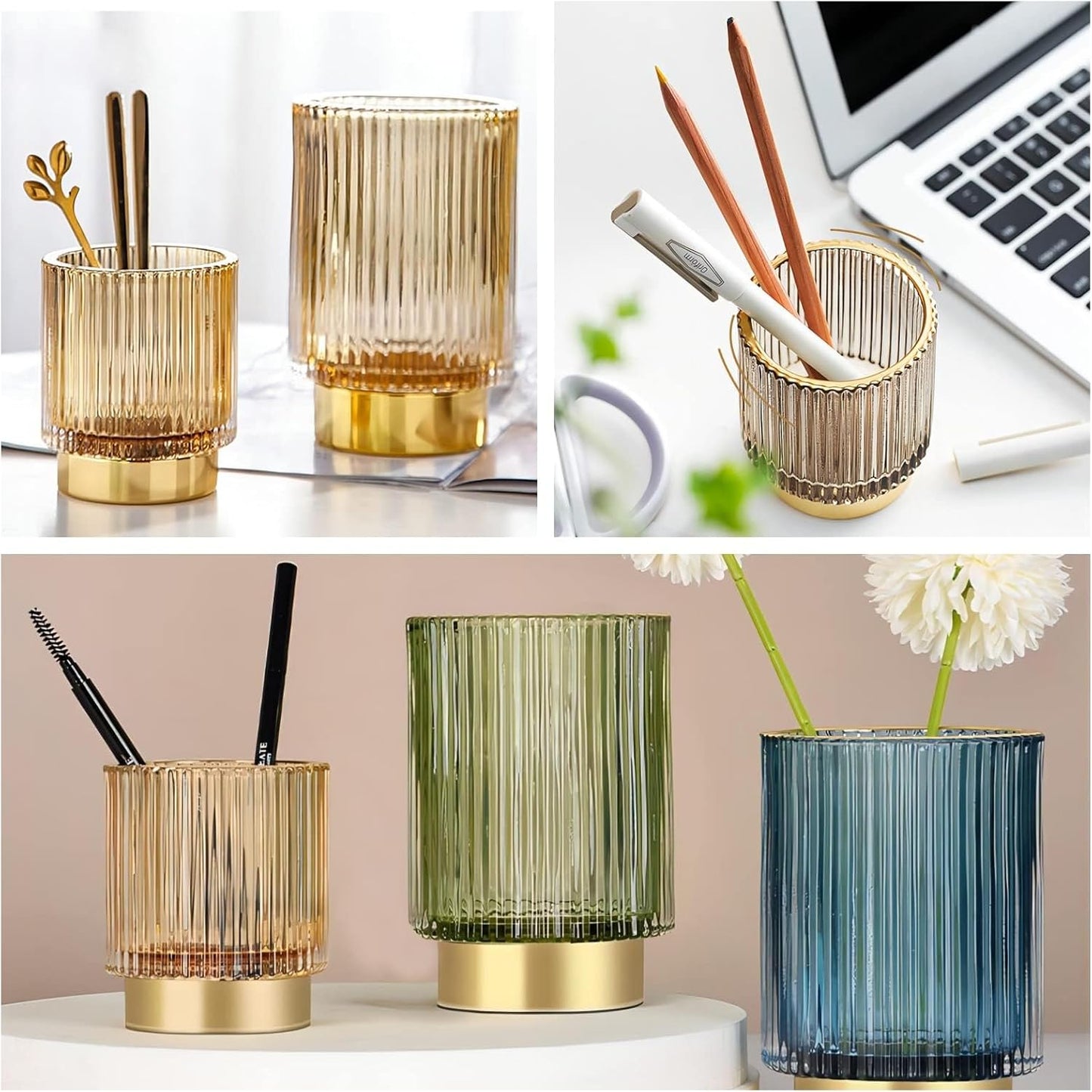 DASITON Makeup Brush holder Organizer,Crystal Cosmetic Makeup Brush Glass Brushes Storage Holder, Vintage Make Up Brush Cup Pen Pencil Holder striped vase(Coffee S)