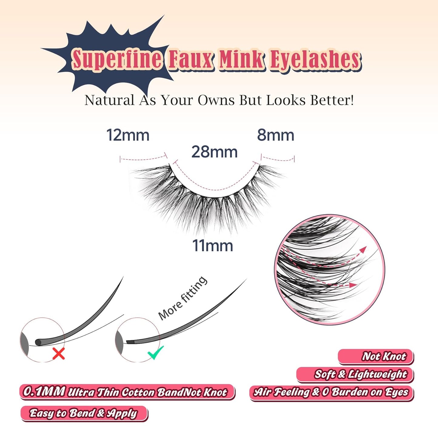 Natural Lashes Cateye False Eyelashes Wispy 12mm Cat Eyelashes Short Lash Pack for Small Eyes Eyelash with 0.1MM Thin Cotton Band 3D Volume Fake Eyelashes Siligli Soft Strip Lashes 7 Pairs