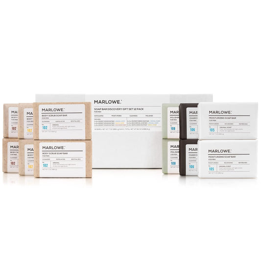 MARLOWE. Soap Bar Discovery Gift Set, Mens Skin Care Variety Selection of Exfoliating Body Scrub, Charcoal, Moisturizing & Polishing Body Bar Soaps for Men, 12 Pack