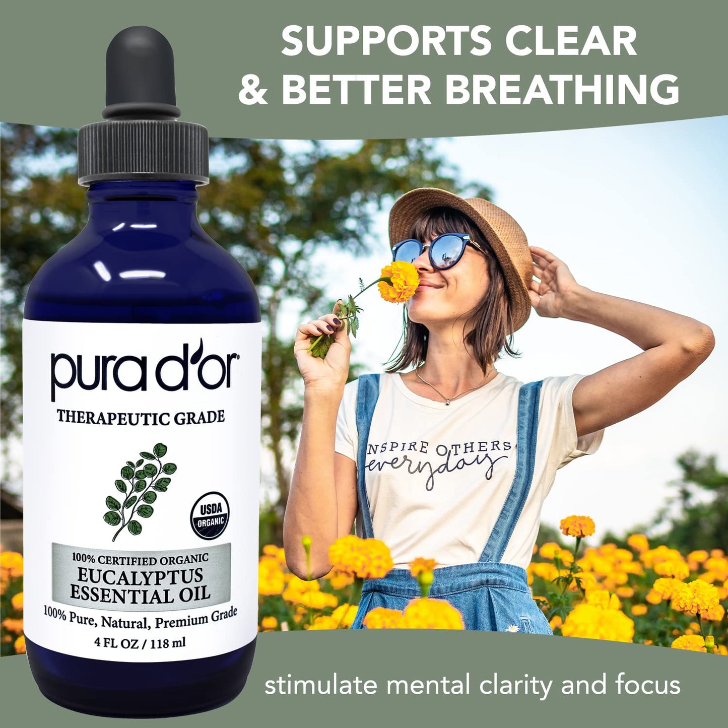 PURA D'OR Organic Eucalyptus Essential Oil (4oz with Glass Dropper) 100% Pure & Natural Therapeutic Grade for Hair, Body, Skin, Aromatherapy Diffuser, Relaxation, Massage, Home, DIY Soap