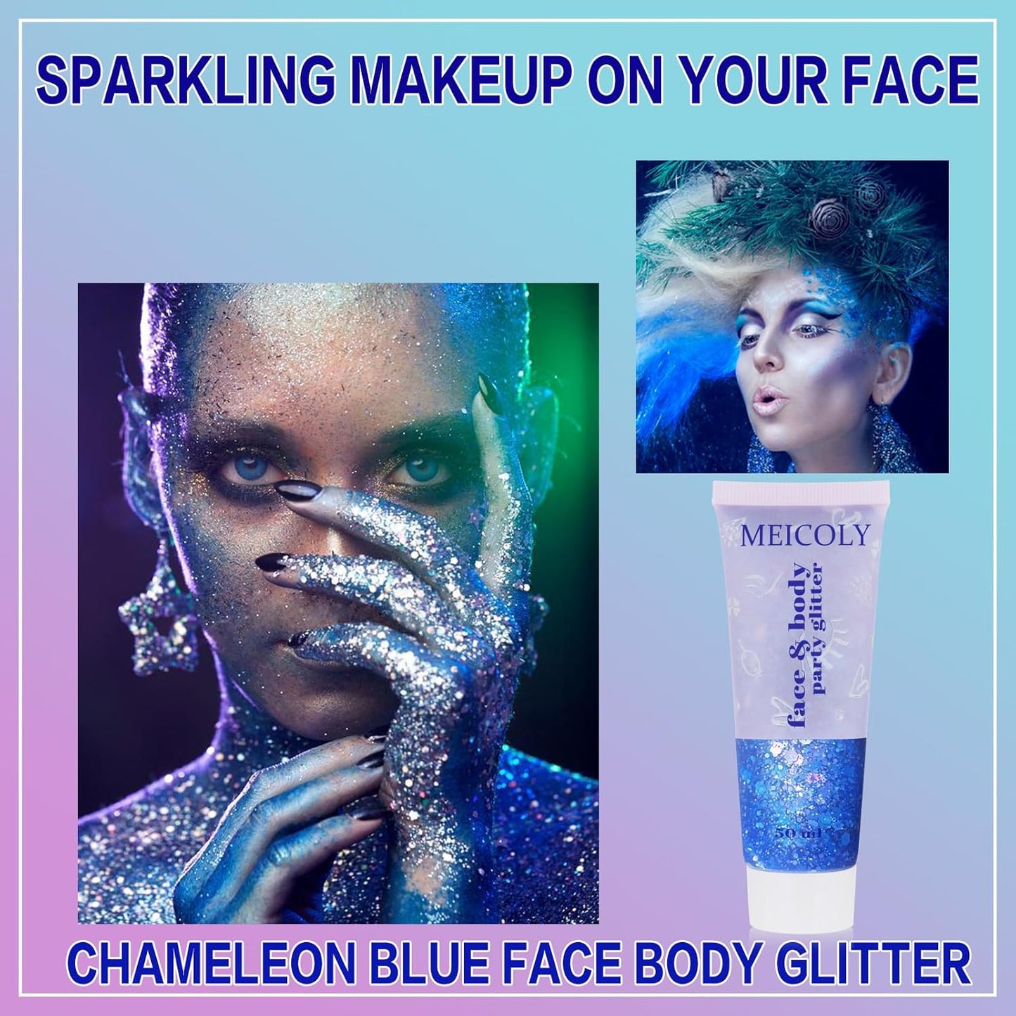 MEICOLY Chameleon Blue Body & Face Glitter Gel, Color Changing Mermaid Sparkle for Concerts & Parties, 50ml
