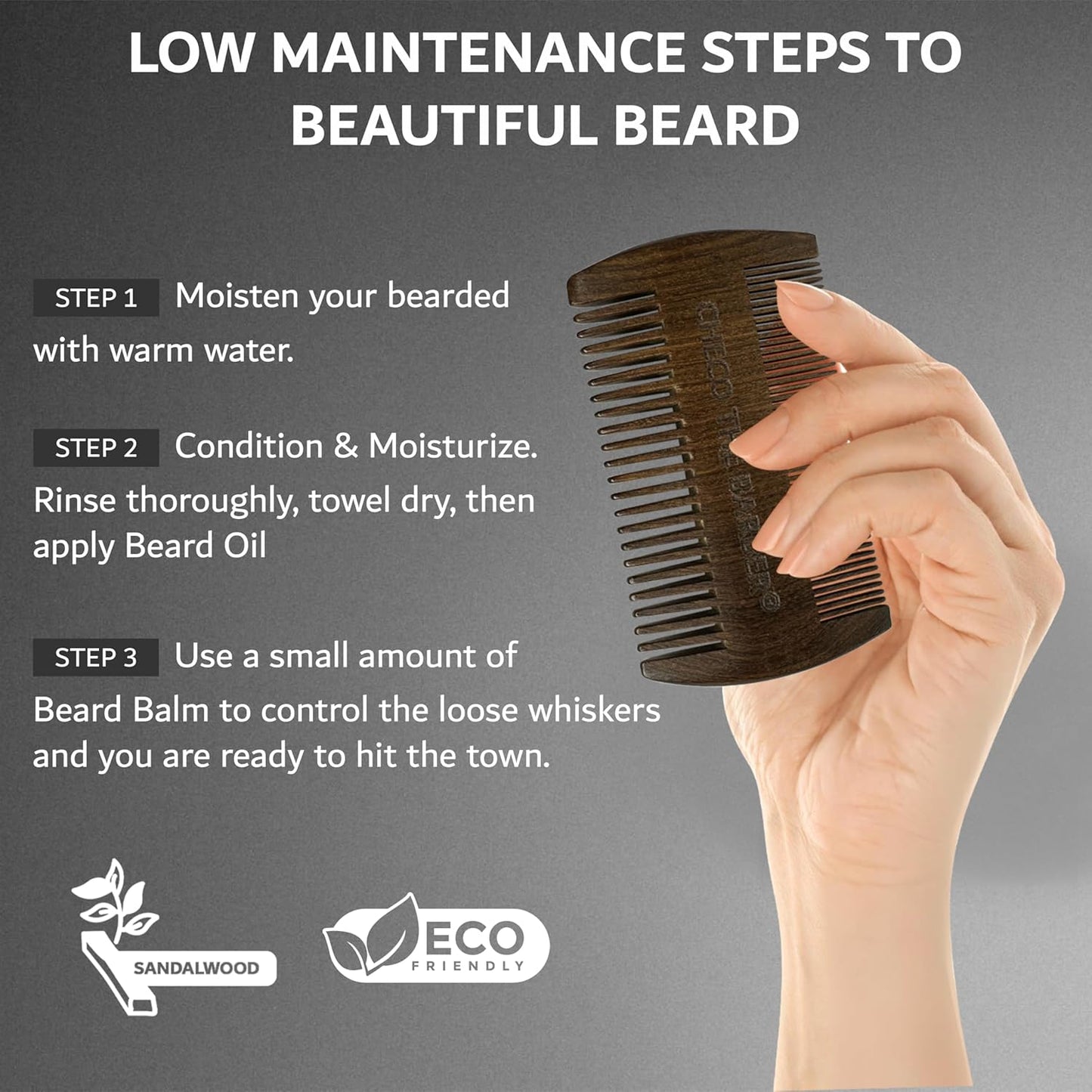 Beard Comb for Men, Natural Sandalwood Dual Action Fine Tooth Comb, Handmade Premium Wood, Fine and Coarse Teeth, Perfect for Balms and Oils