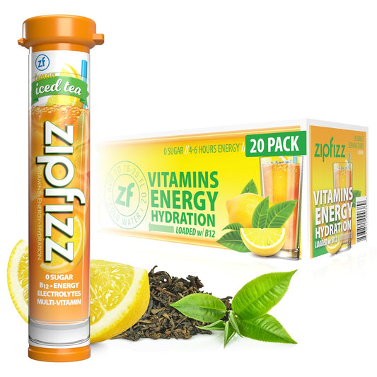 Zipfizz Daily Energy Drink Powder, Lemon Iced Tea, 20 Pack | 3-in-1 Sustained Energy, Rapid Hydration, and Essential Vitamins | Sugar-Free | Electrolyte Powder | Contains Vitamin B-12 & Antioxidants