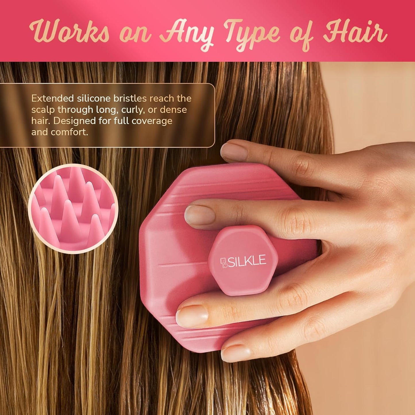 Silicone Scalp Scrubber - Massage Shampoo Brush, Soft Bristles for Hair Growth & Dandruff Removal - Ergonomic Design, Wet & Dry Use, Deep Cleansing Scalp Exfoliator for All Hair Types - Pink
