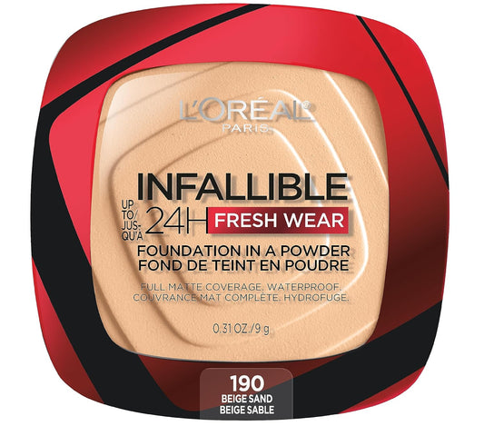 L'Oreal Paris Makeup Infallible Fresh Wear Foundation in a Powder, Up to 24H Wear, Waterproof, Beige Sand, 0.31 oz.