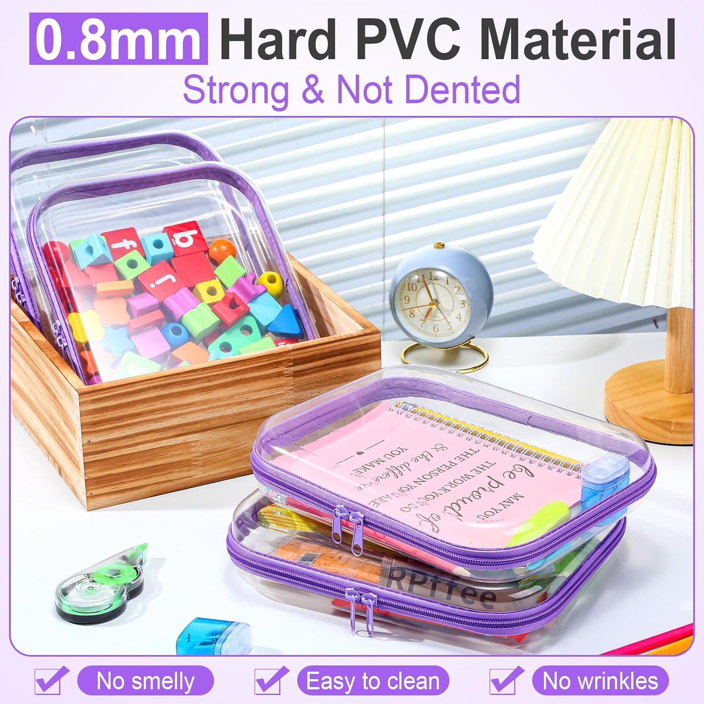 Sanwuta 6 Pcs Clear Hard Zipper Case Pencil Pouches Hard Plastic Zipper Pouches Makeup Bag Transparent Cases for Snacks Plastic Storage Organizer Box for Travel(Purple,9.84 x 7.87 x 2 Inch)