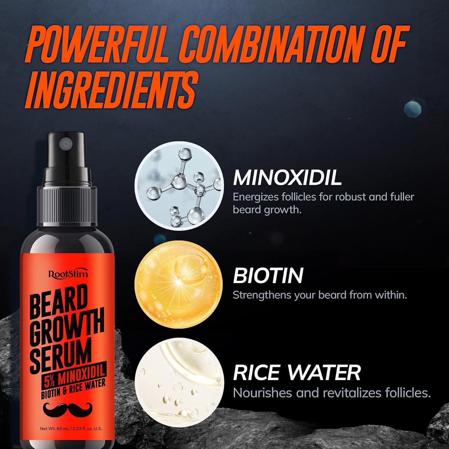 5% Minoxidil Beard Growth Serum for Men: Hair Regrowth Spray with Biotin & Rice Water - Extra Strength Beard Oil for Faster Thicker and Fuller Beard Growth - 60ML
