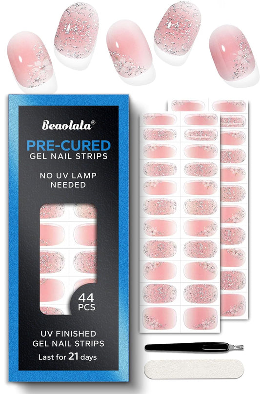 Pre Cured Gel Nail Strips - 44PCS Salon Quality Gel Nail Stickers - Long Lasting Polish Wraps for Women no UV Light Needed Easy Apply& Remove (Sparkle Pink）