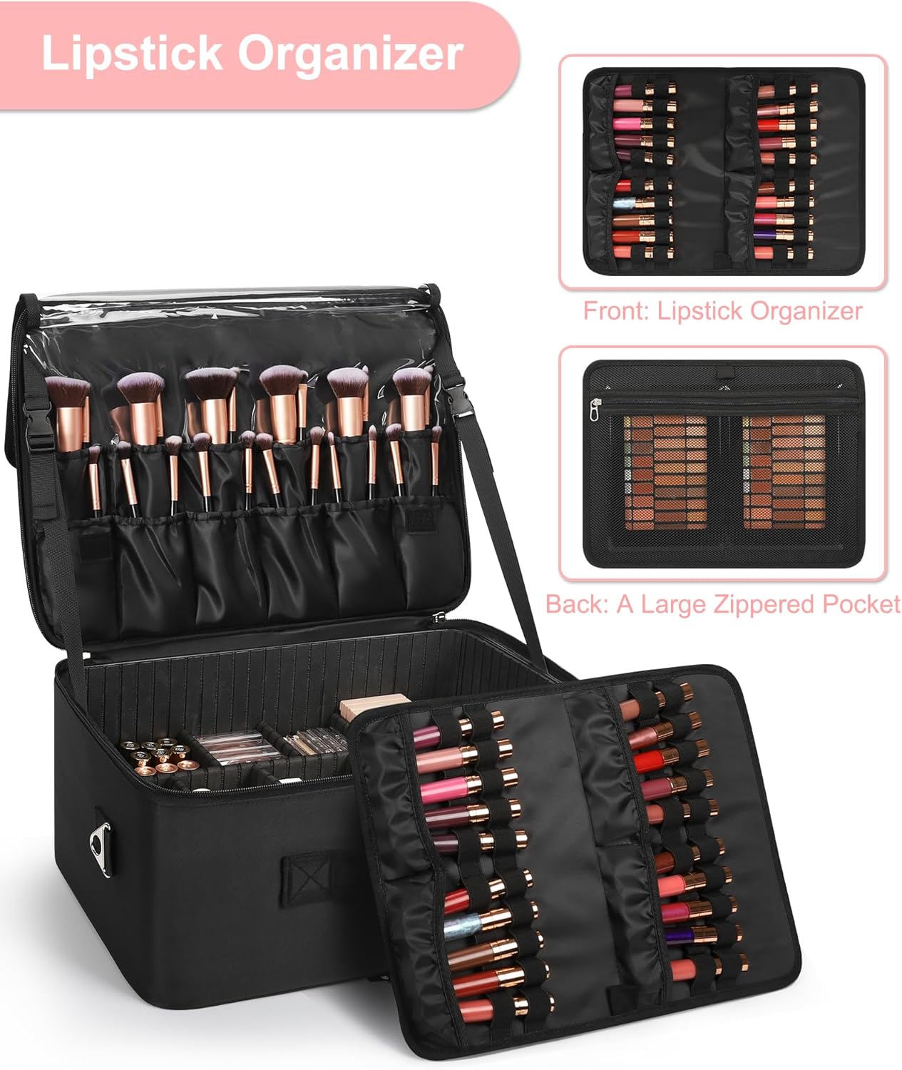 Relavel Extra Large Makeup Case Professional Cosmetic Storage Organizer Box Brush Holder with 4 Clear Set Bags & Lipstick Plate for Makeup Artists with Shoulder Strap & Adjustable Dividers