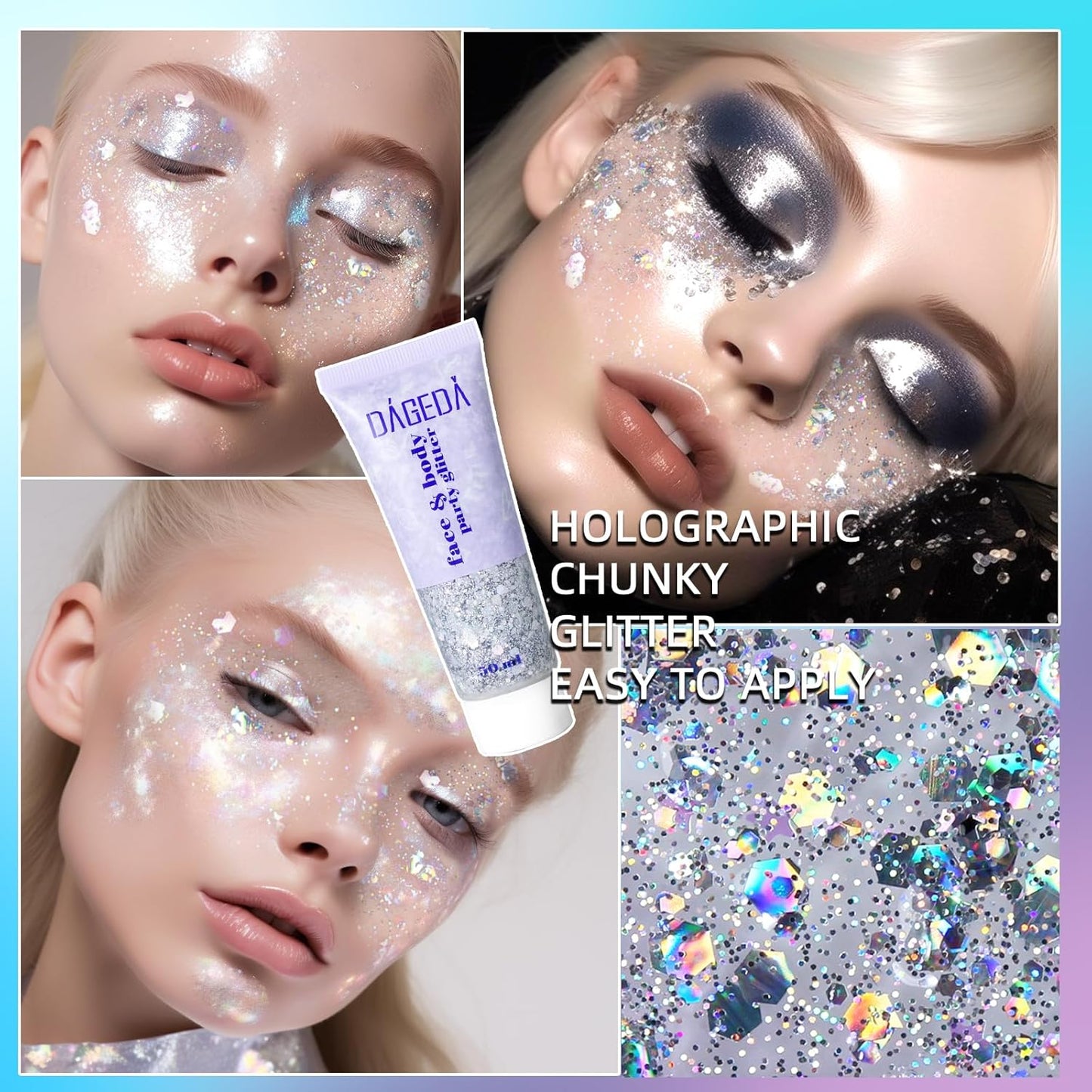 DAGEDA Body Glitter Gel, Body Sequins Shimmer Liquid Eyeshadow, Chunky Glitter for Face Hair Nails, Holographic Cosmetic Laser Powder Festival Glitter Makeup 50ml(Silver)