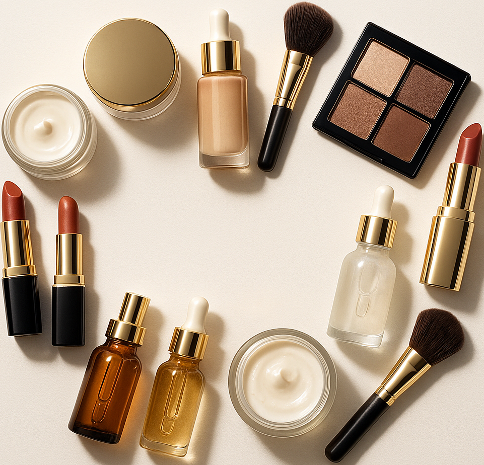 circle photo of makeup and skincare, make a real photo